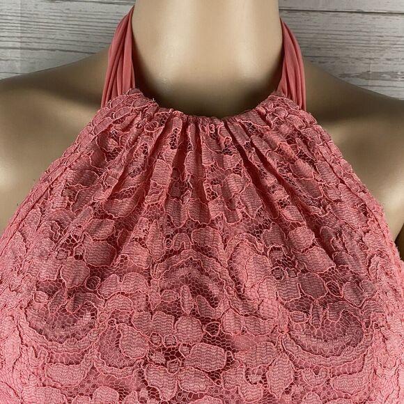 NWT David's Bridal Halter Dress Size 8 Parfait Pink Lace Bodice Chiffon Skirt - Picture 2 of 12